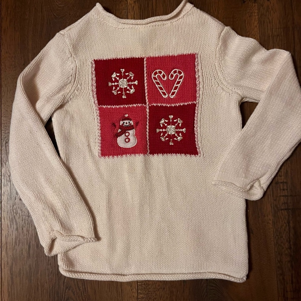 Greendog Cream Sweater with Red & Pink Holiday Patch
